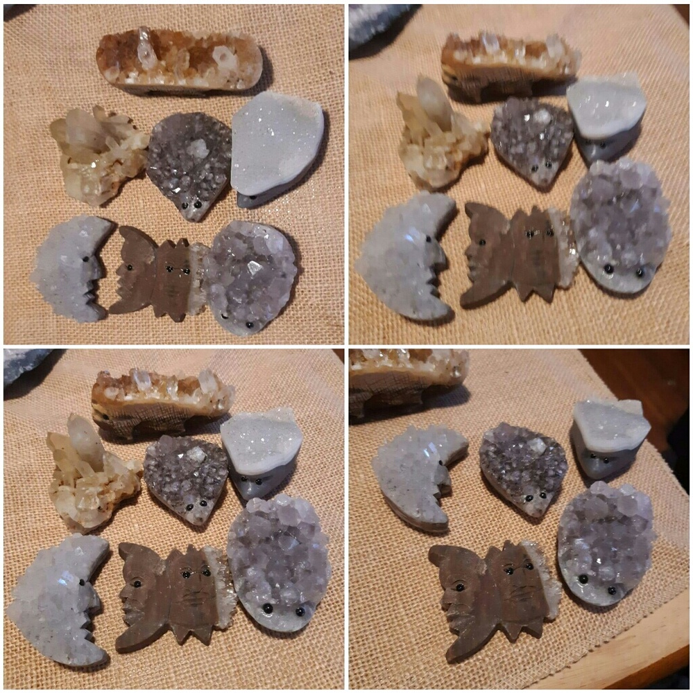 Carved stones with quartz crystals, price a piece.